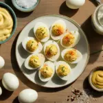 A flat lay of classic deviled eggs ingredients like eggs, mayonnaise, and mustard surrounding a finished plate of deviled eggs.