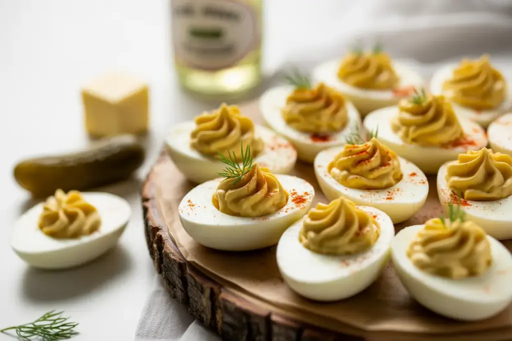 A platter of creamy deviled eggs, garnished with paprika and dill, with secret ingredients like butter and pickle juice hinted at in the background.