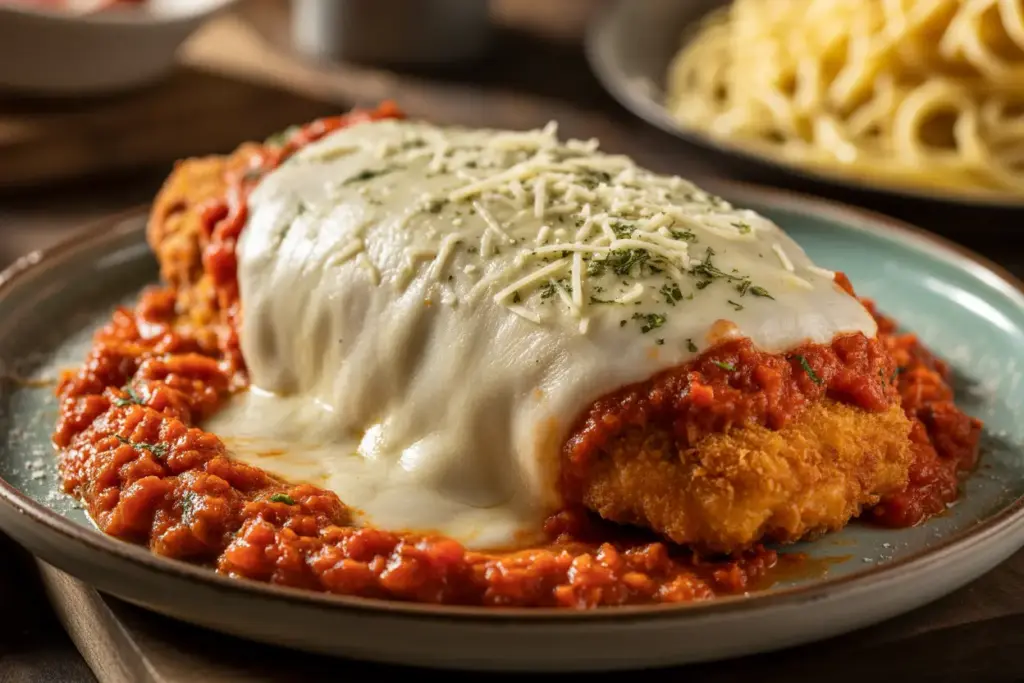 A close-up of a golden breaded chicken cutlet, topped with rich tomato sauce and melted cheese, illustrating the classic Chicken Parmesan vs Chicken Parmigiana dish.