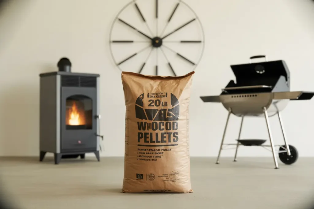 A 20lb bag of wood pellets centered between a pellet stove and a pellet grill, illustrating how long the pellets last for heating and cooking.