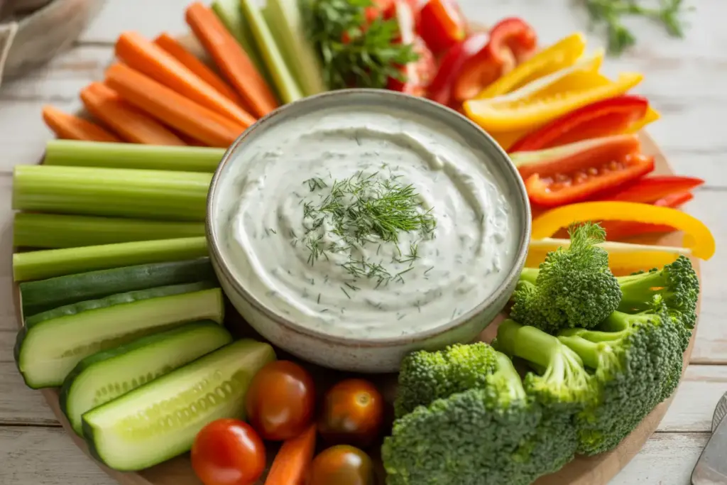 A creamy and easy vegetable dip in a white bowl surrounded by a colorful platter of fresh, healthy dipping vegetables like carrots, celery, and bell peppers.