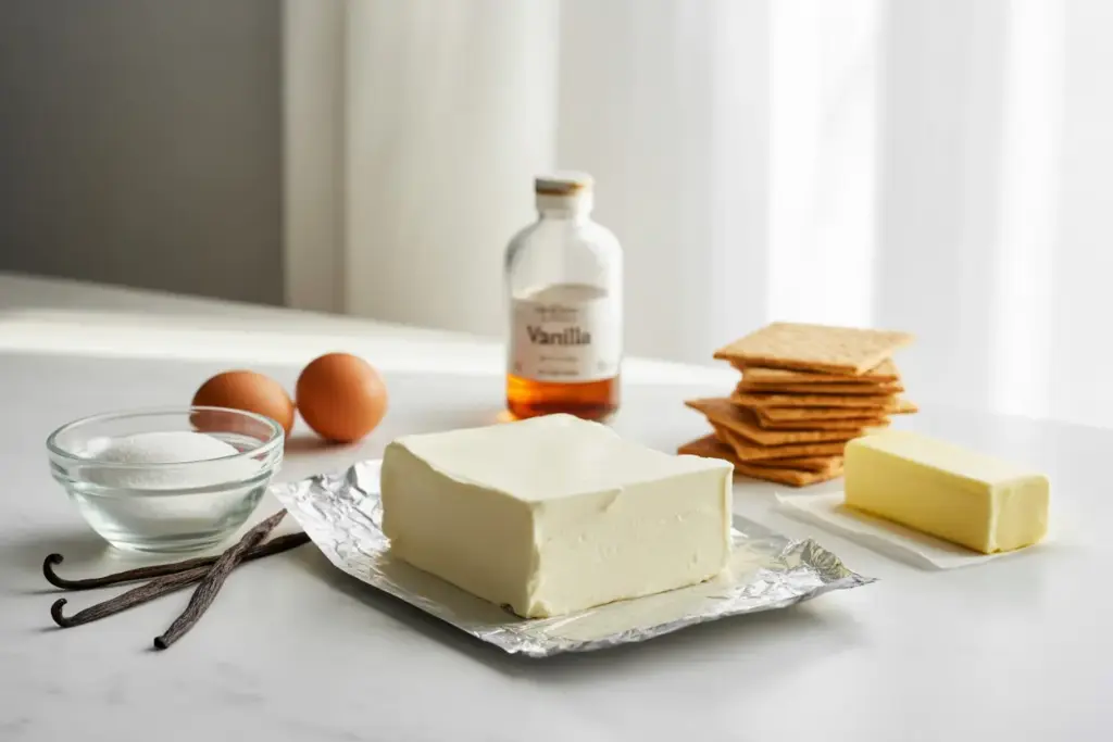 A flat lay of essential cheesecake ingredients including cream cheese, sugar, eggs, and graham crackers on a marble surface.