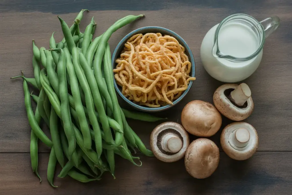 A flat lay of essential green bean casserole ingredients, including fresh green beans, french fried onions, milk, and mushrooms, on a rustic table.