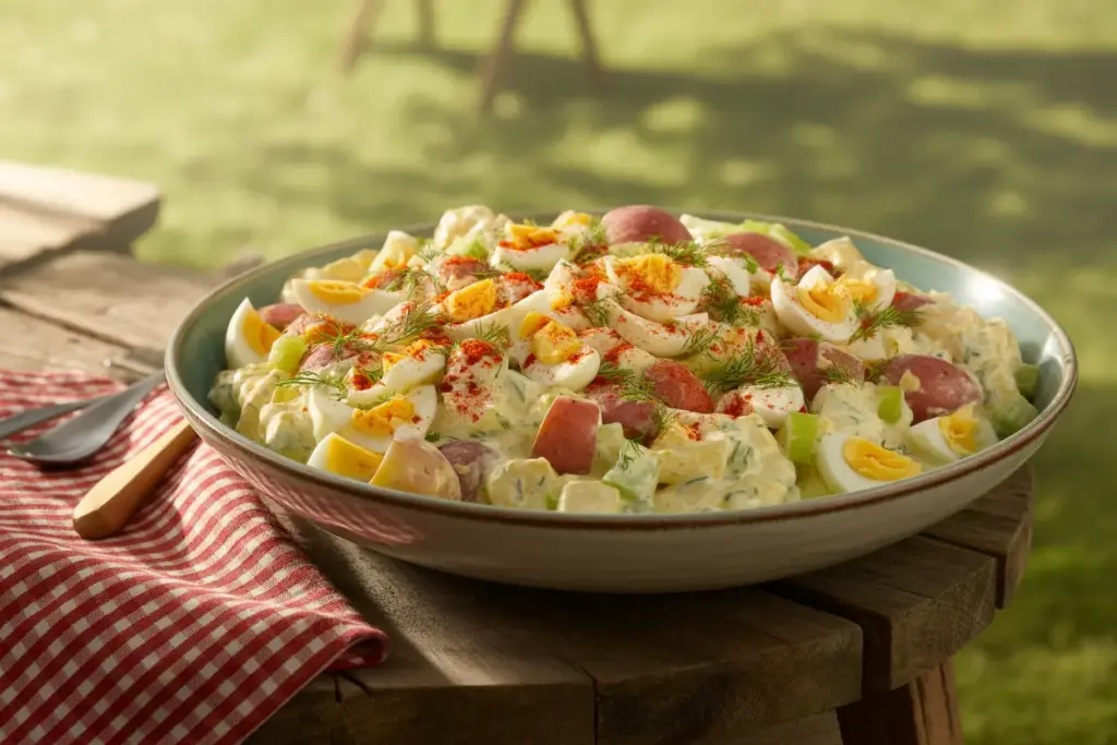 A close-up of a delicious bowl of a flavorful potato salad recipe, garnished with fresh herbs and paprika, ready for a summer cookout.