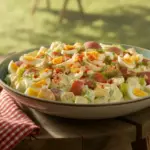 A close-up of a delicious bowl of a flavorful potato salad recipe, garnished with fresh herbs and paprika, ready for a summer cookout.