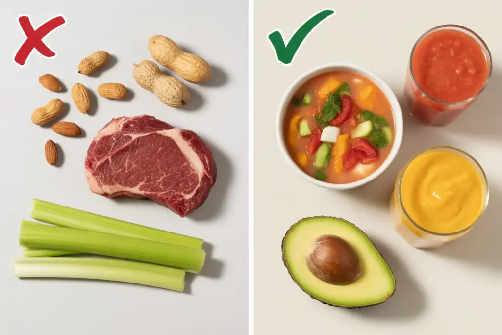 A split image contrasting foods to avoid with ALS, such as tough nuts and steak, against safe, soft foods like soup and smoothies.