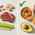 A split image contrasting foods to avoid with ALS, such as tough nuts and steak, against safe, soft foods like soup and smoothies.