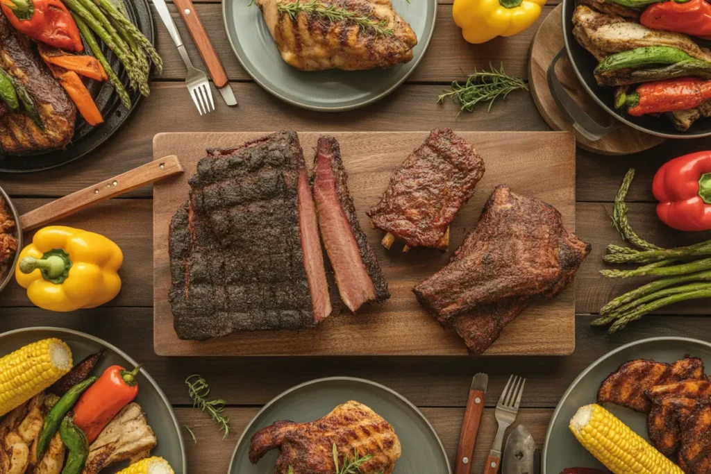 An overhead view of delicious foods to cook on a pellet grill, including smoked brisket, ribs, chicken, and grilled vegetables.