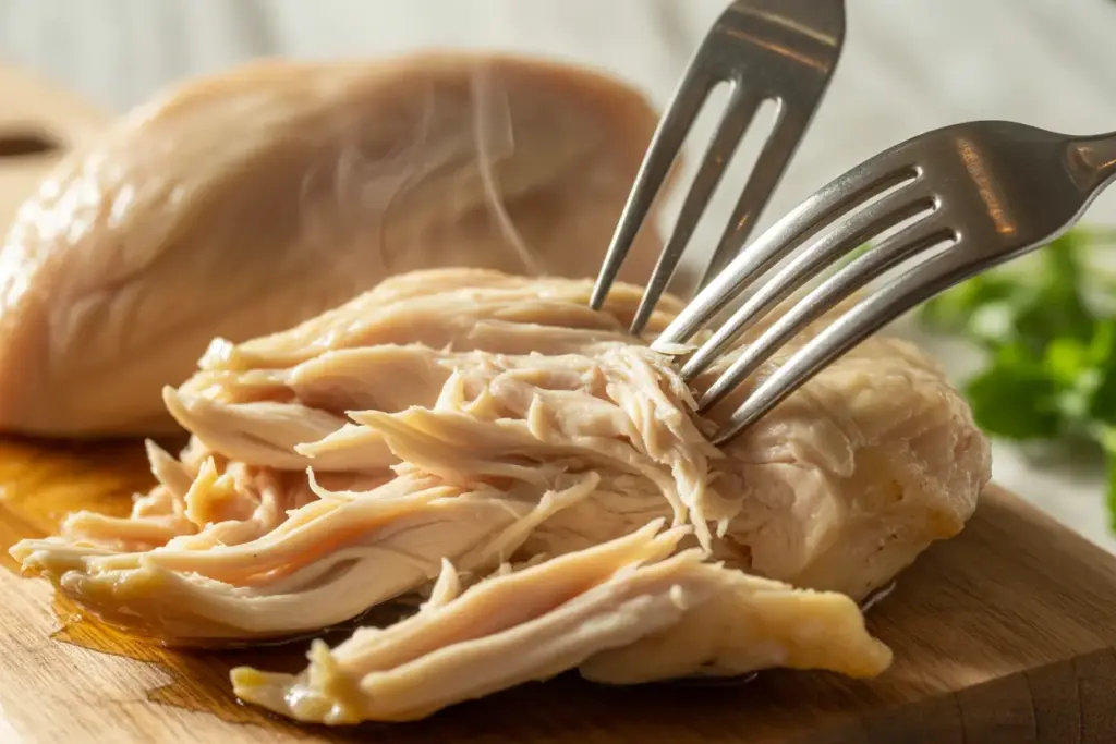A close-up shot of two forks shredding a juicy, moist chicken breast, highlighting the key technique for making perfect moist shredded chicken.