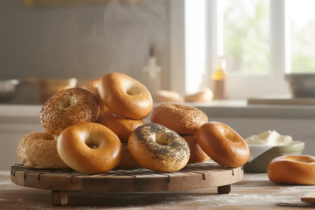 An assortment of freshly baked homemade bagels from a bagel recipe, including sesame and everything bagels, cooling on a rustic rack.