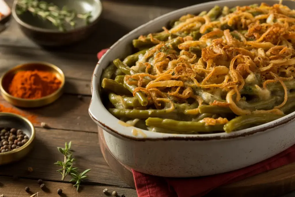 A freshly baked green bean casserole, surrounded by small bowls of aromatic seasoning like smoked paprika and fresh thyme, highlighting the dish's rich flavor from proper seasoning.