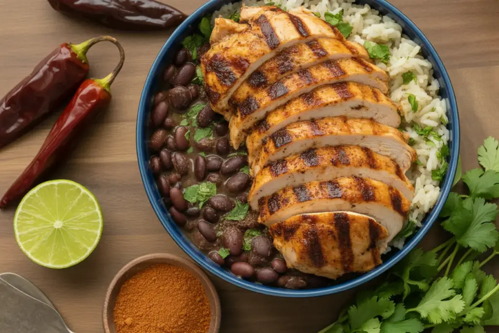 A vibrant copycat chipotle chicken bowl, featuring smoky grilled chicken, fresh cilantro, and lime on a rustic surface.