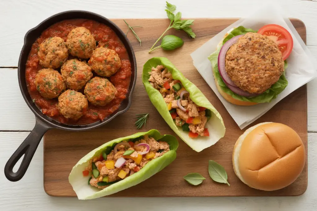 A flat lay image showing various ground chicken recipes, including meatballs, a burger, and lettuce wraps, highlighting versatile and healthy meal ideas.