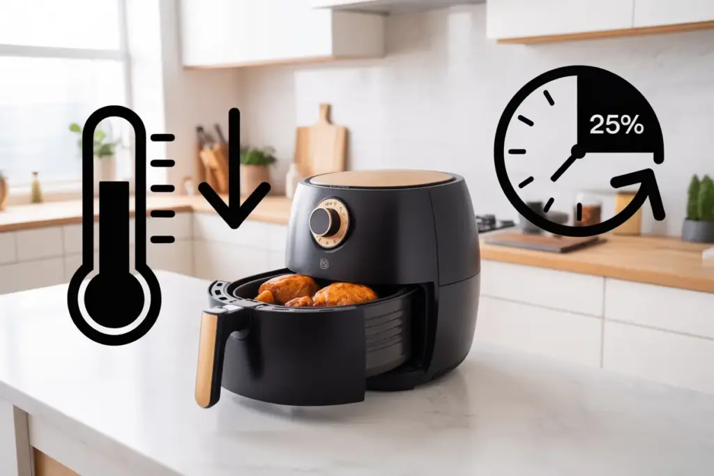 Infographic explaining the 25 rule for air fryers, with icons showing a decrease in temperature and cooking time.