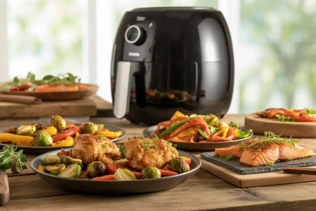 A flat lay of healthy air fryer recipes, including crispy chicken, roasted vegetables, and salmon, showcasing delicious meal ideas.