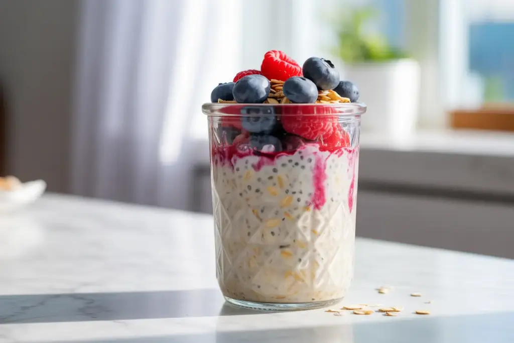 A glass jar of creamy overnight oats topped with fresh berries and seeds, a perfect example of how to make a healthy breakfast with rolled oats.