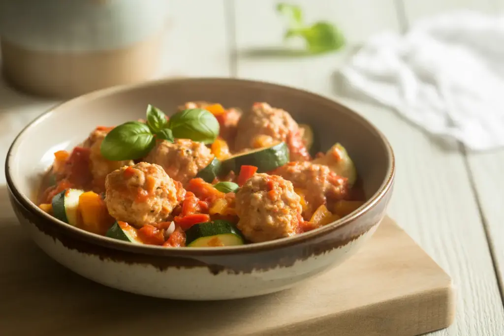 A visually appealing dish of healthy ground chicken meatballs in a light tomato sauce, demonstrating if ground chicken is healthy when prepared well.