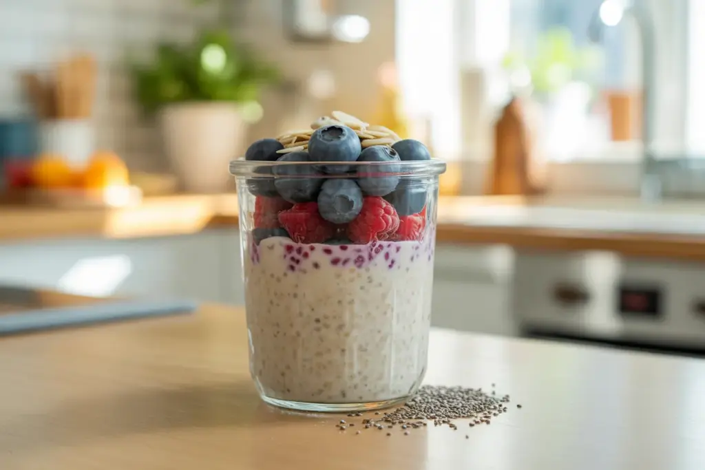 A glass jar of healthy overnight oats topped with fresh berries and seeds, representing a nutritious high-fiber breakfast choice.