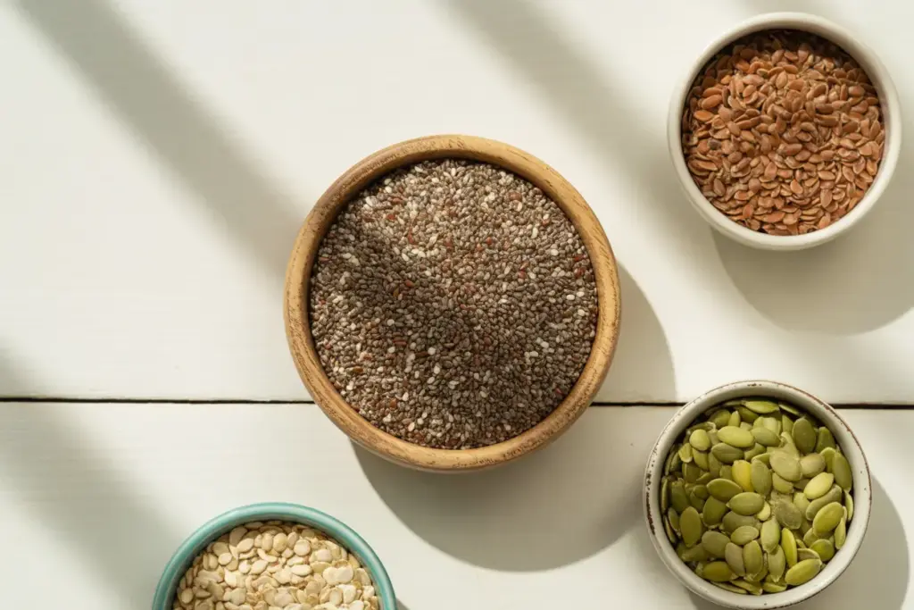 A vibrant flat lay of a nutrient-rich seed mix for weight loss, featuring chia, flax, and pumpkin seeds in a wooden bowl.