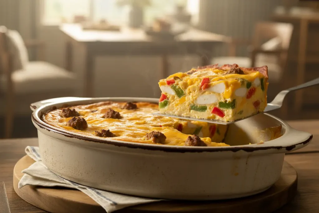 A freshly baked breakfast casserole, showcasing its core ingredients like sausage, egg, and melted cheese, with a slice removed to reveal the delicious layers.