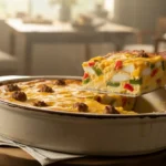 A freshly baked breakfast casserole, showcasing its core ingredients like sausage, egg, and melted cheese, with a slice removed to reveal the delicious layers.