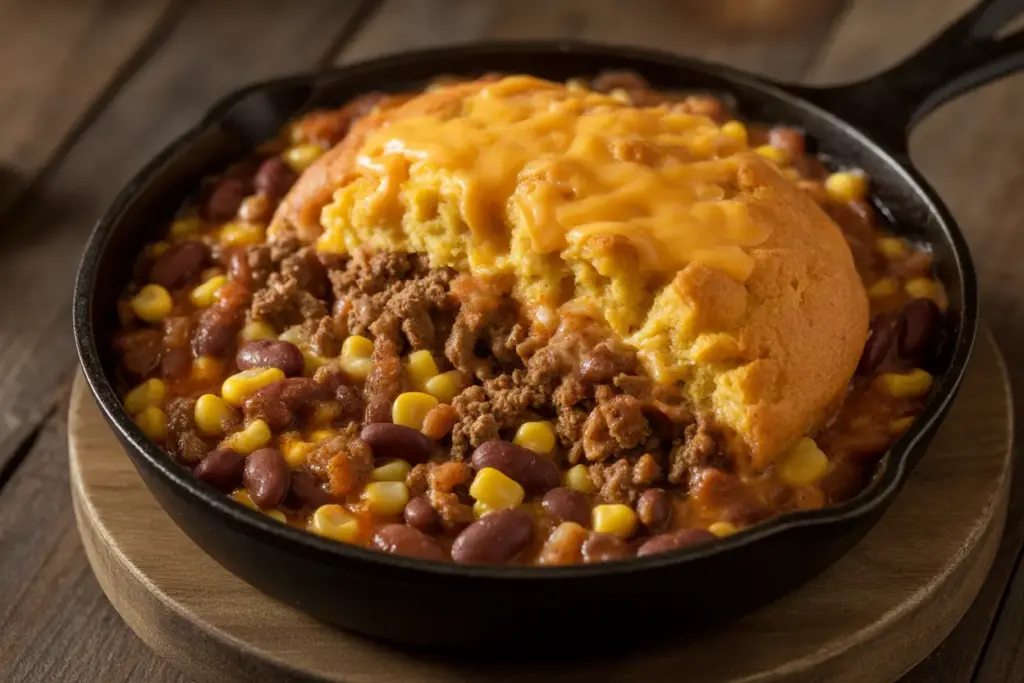 A close-up of a hearty cowboy dinner recipe, baked in a rustic cast iron skillet with a golden cornbread and melted cheese topping, ready to be served.