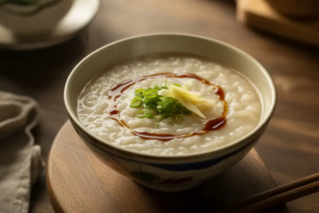 A warm bowl of Asian congee rice porridge, symbolizing the dish's historical journey from the Tamil word 'kanji'.