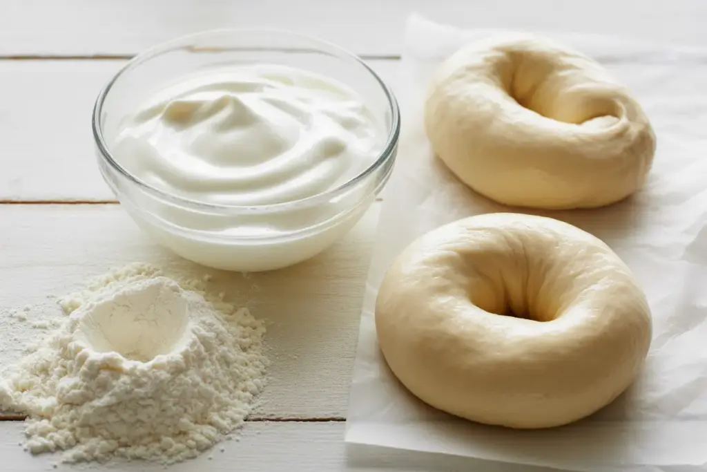 Ingredients for making bagels with normal yogurt, including a bowl of yogurt, flour, and raw bagel dough on a wooden table.