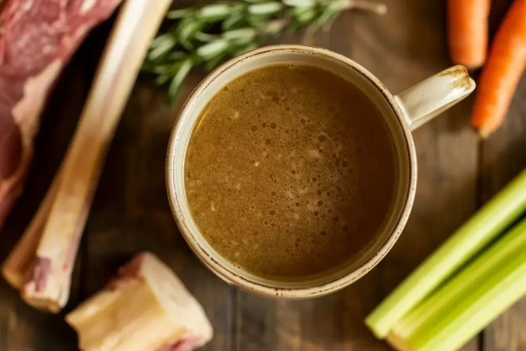 A warm mug of homemade bone broth, part of a healthy recipe, surrounded by fresh ingredients like bones, carrots, and celery on a rustic table.