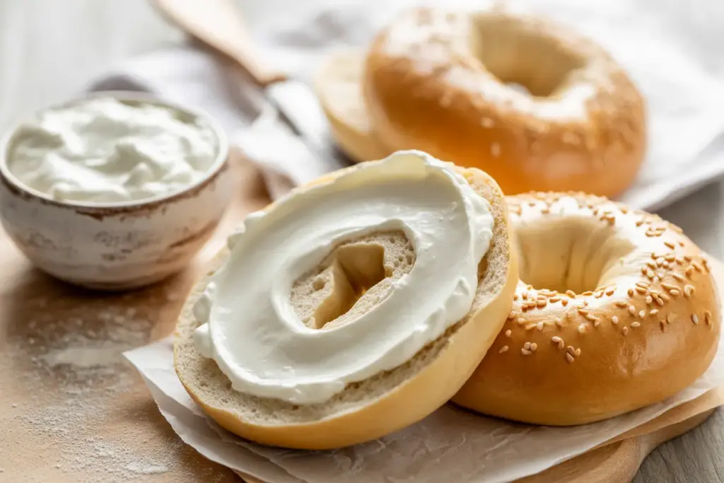 A close-up of a freshly baked homemade Greek yogurt bagel, sliced and topped with a creamy spread, with a bowl of yogurt in the background.