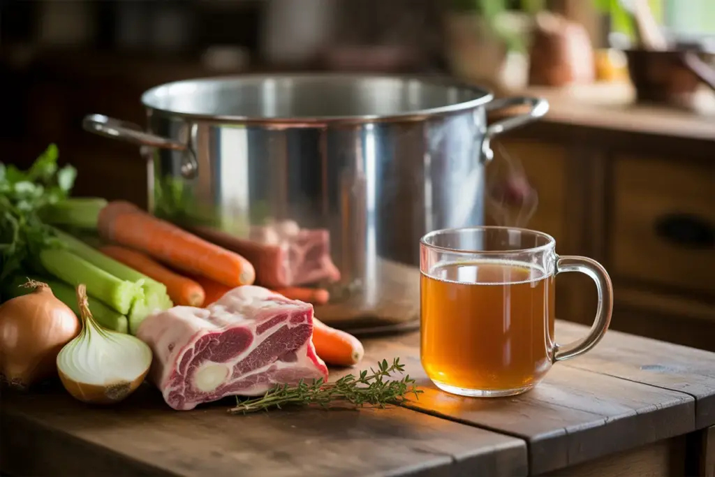 A step-by-step scene showing how to make bone broth, with a simmering pot, fresh ingredients like bones and vegetables, and a final mug of golden, nutrient-rich broth.