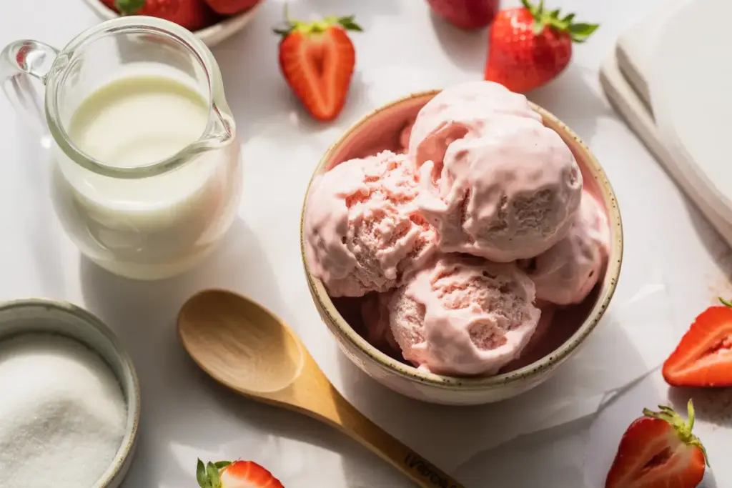 A flat lay of ingredients for making homemade ice cream, featuring a bowl of fresh strawberry ice cream, cream, and berries.