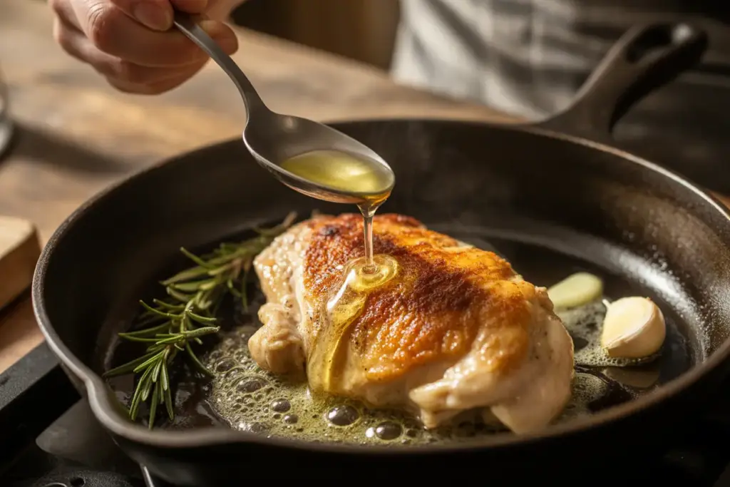 A close-up of a juicy pan-fried chicken breast being basted with butter and herbs in a hot skillet, showcasing the skillet technique.