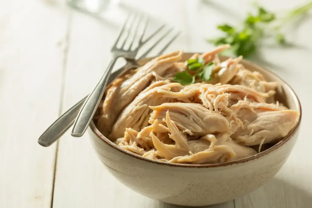 A close-up of a bowl of juicy shredded chicken, freshly prepared and ready for various recipes like tacos or salads.