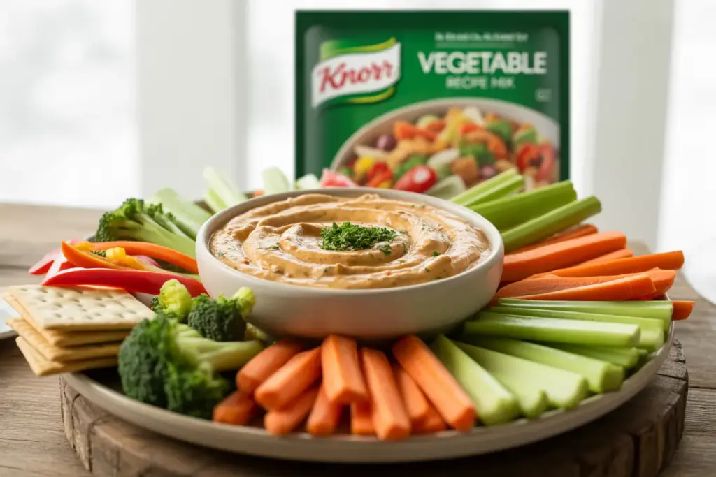 A creamy bowl of Knorr vegetable dip, a classic party favorite, surrounded by fresh vegetables, showcasing what makes this dip so good.