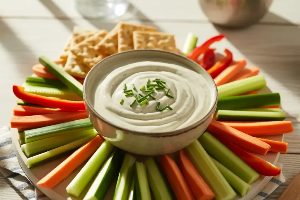 A creamy bowl of Knorr vegetable recipe mix dip, garnished with herbs and surrounded by fresh carrot, celery, and bell pepper sticks for dipping.