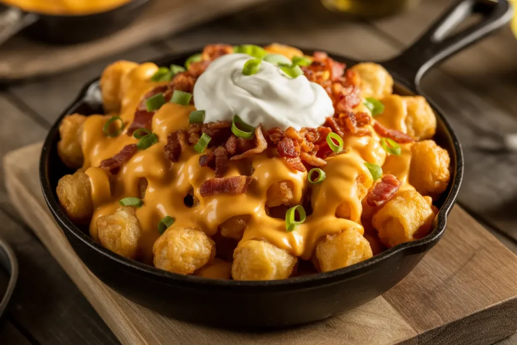 A delicious serving of loaded tater tots, a creative idea of what to serve with tater tots, topped with melted cheese, crispy bacon, and sour cream.