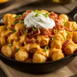A delicious serving of loaded tater tots, a creative idea of what to serve with tater tots, topped with melted cheese, crispy bacon, and sour cream.