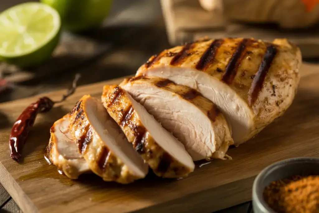 Close-up of what makes Chipotle chicken so good: juicy grilled chicken with char marks, showing the flavorful marinade ingredients like lime and peppers.