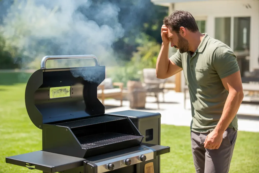 A man making one of the common pellet grill mistakes, looking confused as his smoker grill produces too much dark smoke in a backyard.