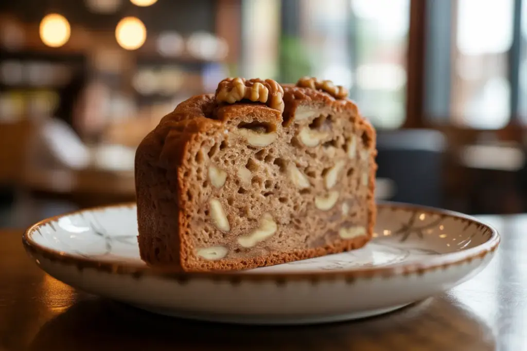 Close-up of a thick, moist slice of Starbucks banana bread, showing a rich texture with walnuts and pecans embedded in the crumb.