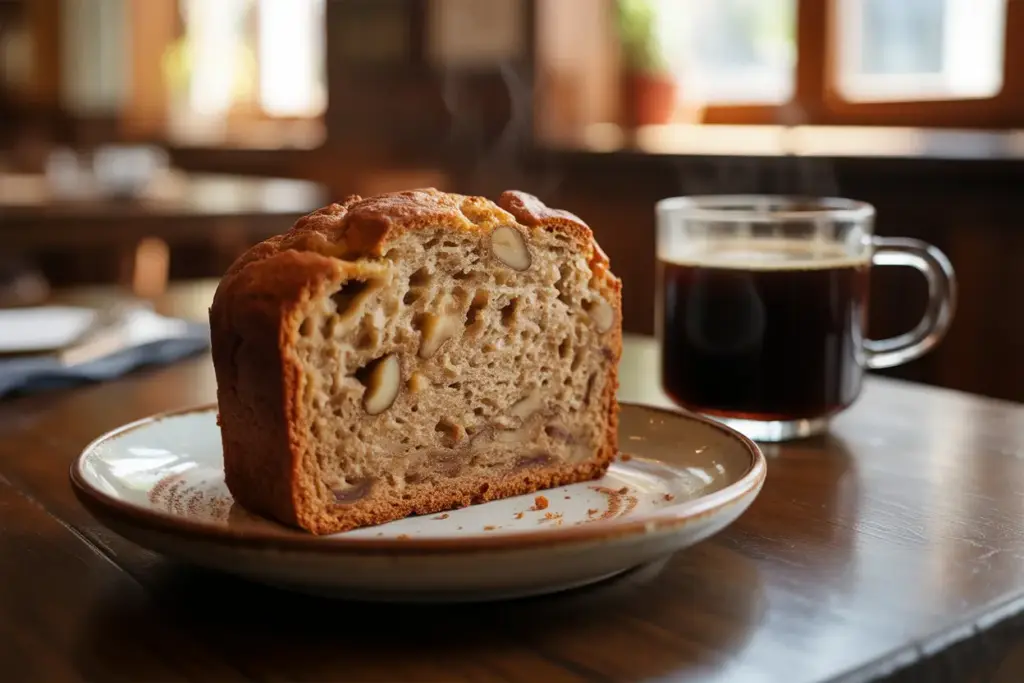 Close-up of a moist slice of Starbucks banana nut bread on a plate, paired with a hot coffee, showcasing its rich texture.