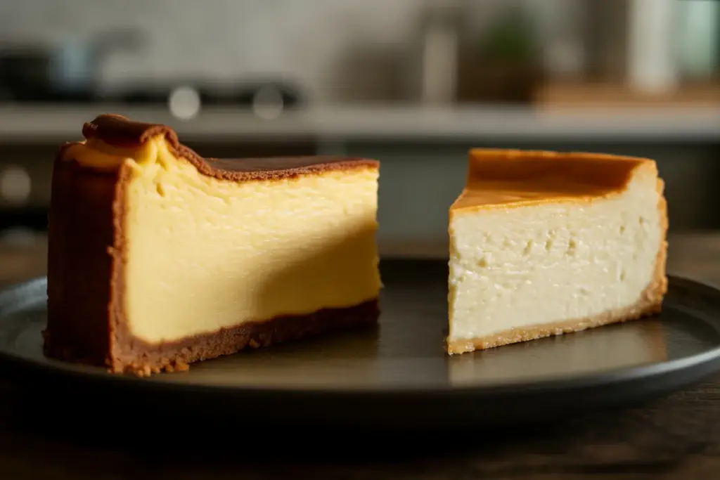 A side-by-side comparison of a dense New York style cheesecake slice and a lighter regular cheesecake slice, highlighting their texture differences.