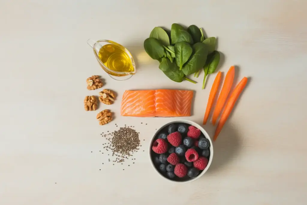 A flat lay of nutrient-rich foods for an ALS diet plan, including salmon, olive oil, berries, and walnuts, symbolizing supportive nutrition.