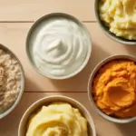 A top-down view of the most filling soft foods, featuring bowls of oatmeal, Greek yogurt, mashed potatoes, and vegetable soup, highlighting nutritious options for a soft food diet.