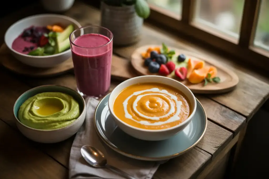 A comforting display of nutritious and easy-to-chew recipes for ALS patients, including a smoothie, pureed soup, and a soft dip, all suitable for a high-calorie diet.