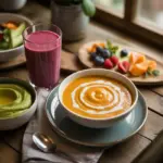 A comforting display of nutritious and easy-to-chew recipes for ALS patients, including a smoothie, pureed soup, and a soft dip, all suitable for a high-calorie diet.