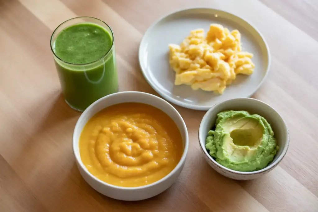 A variety of nutritious and easy-to-swallow meal ideas for ALS patients, including a smoothie, creamy soup, and soft proteins, arranged on a table.
