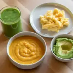 A variety of nutritious and easy-to-swallow meal ideas for ALS patients, including a smoothie, creamy soup, and soft proteins, arranged on a table.