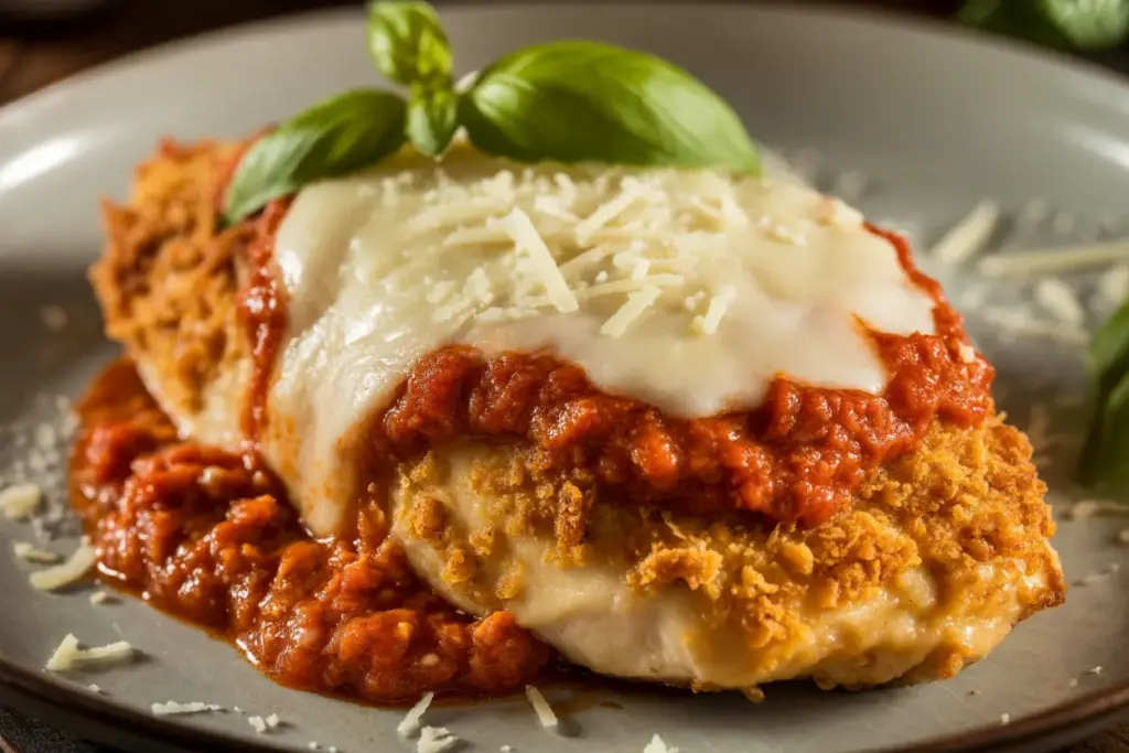 A perfectly cooked chicken parmesan, illustrating the delicious result of avoiding common cooking mistakes like a soggy crust or dry meat.